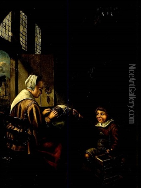 Bub Und Magd Beim Kloppeln In Einer Stube Oil Painting - Pieter Bliek