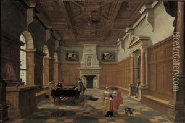 An Interior With An Elegant Company Playing Backgammon Oil Painting - Bartholomeus Van Bassen