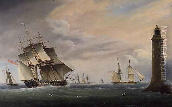 A Frigate and a Naval Brig passing the Eddystone Lighthouse Oil Painting - Thomas L. Hornbrook
