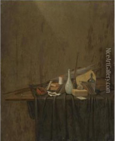 A Still Life With A Pipe, Burning Embers, Tobacco, Books, A Letter, Two Flags, A Jar, A Ceramic Vase, A Glass Decanter, A Glass Bottle, A Letter Opener, All On A Partly Draped Table Oil Painting - Gerrit Van Vucht
