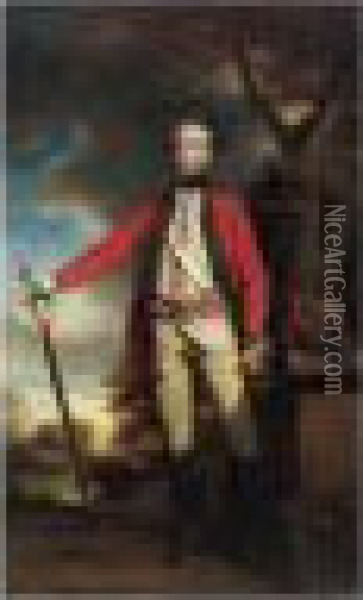 Full Length, Standing, Wearing 
Uniform Of The 15th Kings Light Dragoons, A Skirmish Beyond Oil Painting - Sir Joshua Reynolds