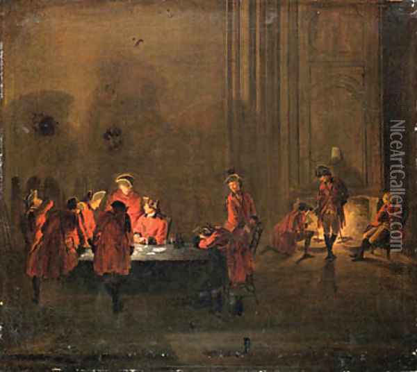 An interior with soldiers playing cards and resting by a fire Oil Painting - Cornelis Troost