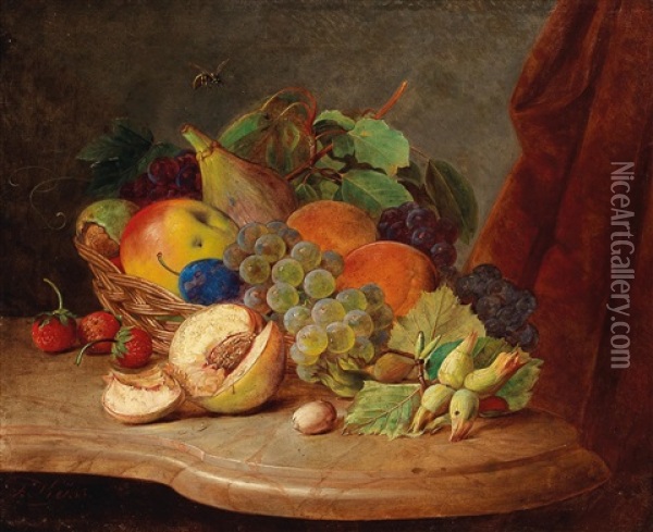 Still Life With Basket Of Fruit And Bee Oil Painting - Ferdinand Kuess