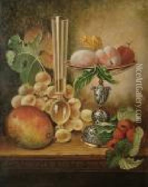 Still Life Of Fruit, A Tazza And A Glass Oil Painting - Edward Ladell
