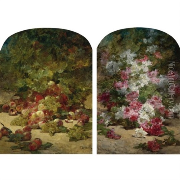 Peaches And Grapes Beneath A Tree (+ Summer Blooms; 2 Works) Oil Painting - Georges Jeannin