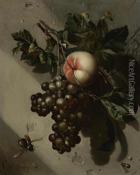 Still Life With Grapes And A Peach Oil Painting - Willem Grasdorp