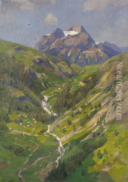 Tal Mit Bachlauf In Den Alpen, Im Hintergrund Gebirgsformation Oil Painting - Eugen Kampf