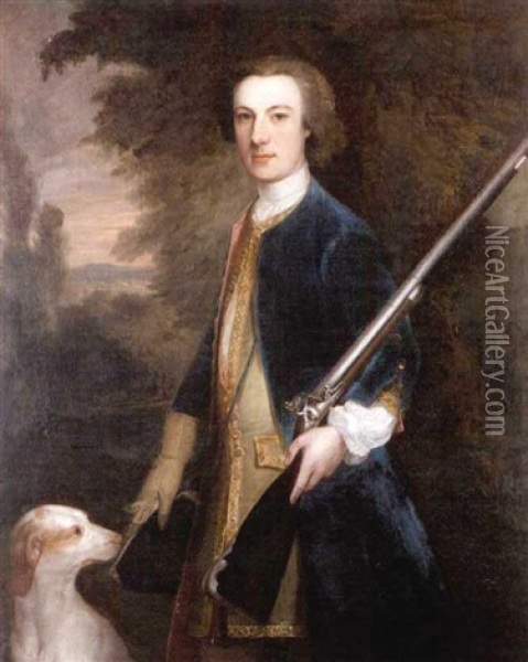Portrait Of A Gentleman In A Blue Coat, Holding A Gun With A Hound At His Side (a Member Of The Waddington Family?) Oil Painting - Joseph Highmore