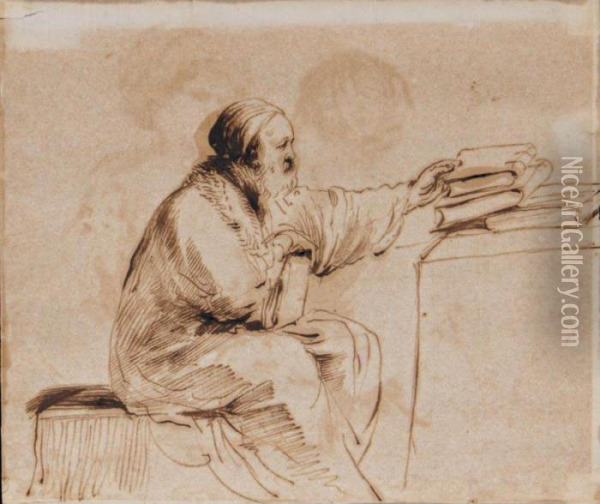 A Seated Man, Placing Books On A Table Oil Painting - Guercino