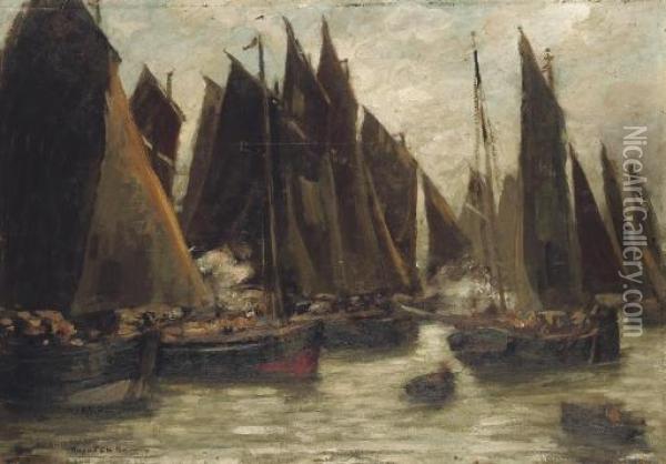 Fishing Boats In A Harbour Oil Painting - Rupert Ch. Wulsten Bunny