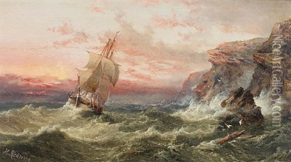Sailing Vessel Off A Rocky Coast At Sunset; Fishermen With A Beached Rowing Boat Oil Painting - Henry Redmore