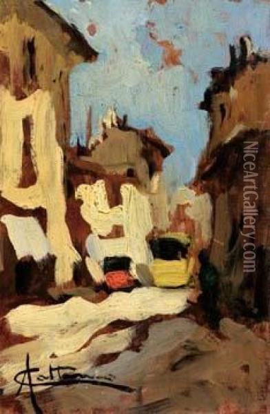 Via Canonica, Milano - 1917 Oil Painting - Achille Cattaneo