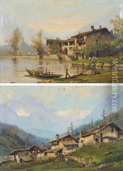 Paesaggio Lacustre Con Casolare Oil Painting - Romolo Liverani