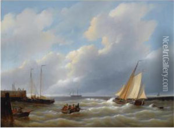 Shipping Near A Harbour, A Three Master In The Distance Oil Painting - Petrus Jan Schotel