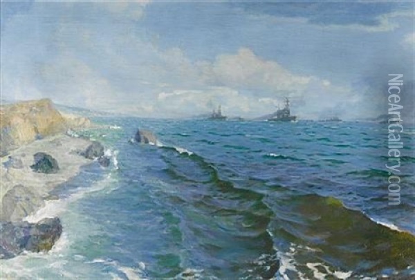 Ships On The Horizon Oil Painting - Grigori Mikhailovich Bobrovsky