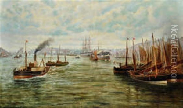Hms Wellesley And Other Shipping In North Shields Harbour Oil Painting - Bernard Benedict Hemy