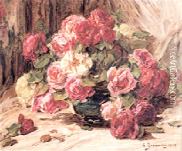 Bouquet De Roses Rouges Oil Painting - Georges Jeannin