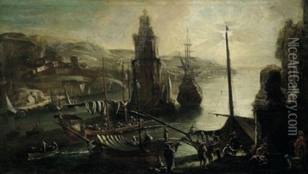 Capriccio Des Hafens Von Rhodos Mit Dem Nicolas-turm Oil Painting - Adriaen Van Der Cabel