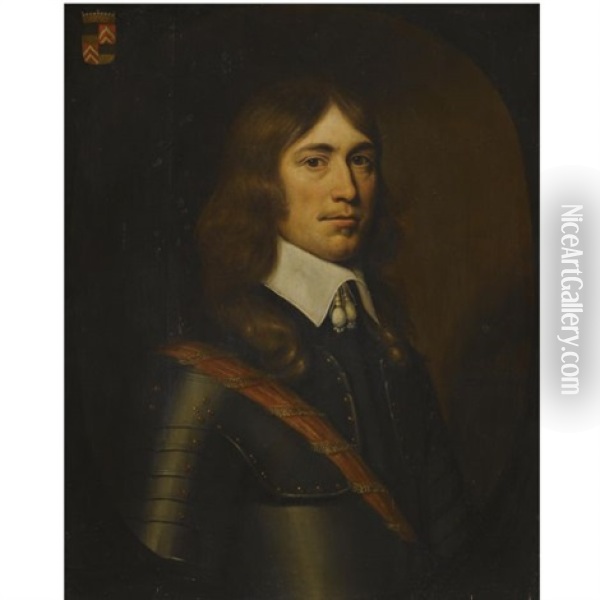 Portrait Of A Gentleman Of The Holt Family, Half-length, Wearing Armour And A Red Sash Oil Painting - Crispyn van den Queboorn