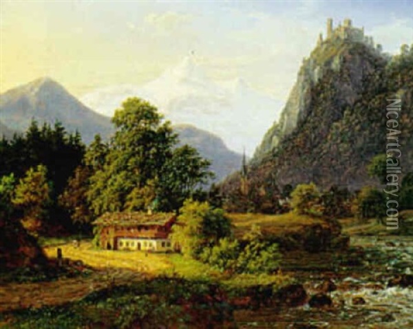En Dal I Alperne, I Baggrunden Sneklaedt Bjergtop Oil Painting - Frederik Christian Jacobsen Kiaerskou