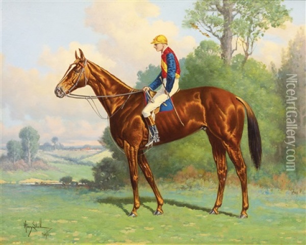 Horse With Jockey, Red And Blue Silks With Yellow Oil Painting - Henry Stull