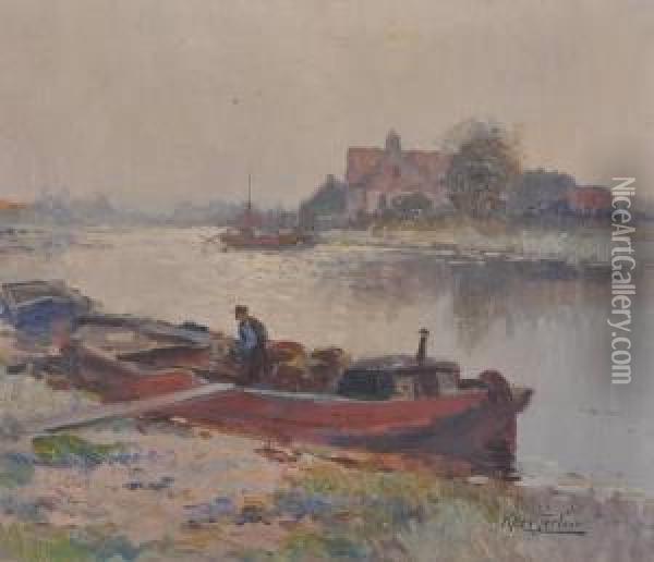 Barges On A Dutch Canal Oil Painting - Kees Terlouw