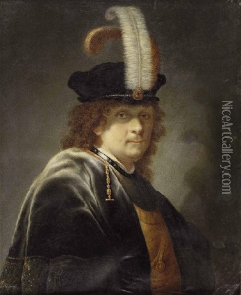 Herr Mit Federbarett (in The Style Of Govert Flinck) Oil Painting - Joseph Kaltner