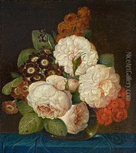 Stillleben Mit Blumen In Einer Glasvase Stillleben Mit Fruchten Auf Einer Steinplatte Oil Painting - Theodor Mattenheimer