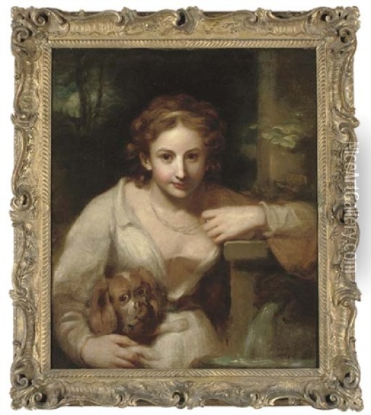Portrait Of A Lady Traditionally Identified As Miss Fordyce, Half-length, In A White Dress, By A Fountain, Holding A King Charles Spaniel, In A Landscape Oil Painting - John Opie