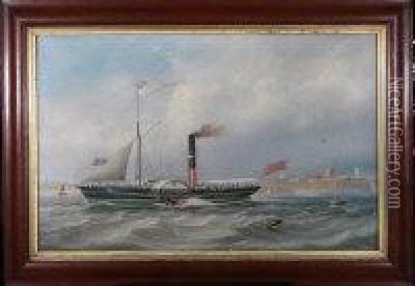 The Paddle Steamer Rosamond Off Tynemouth With The Priory Andlighthouse In The Distance Oil Painting - John Scott