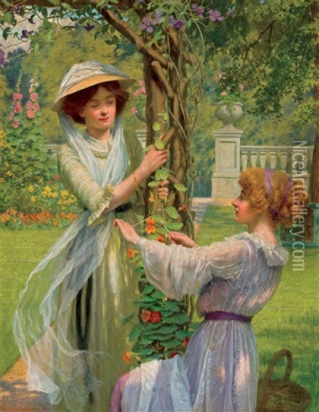 Young Women In A Flower Garden Oil Painting - W. Savage Cooper