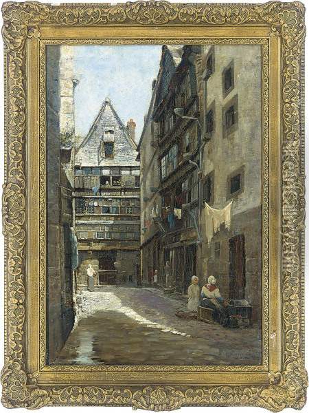 Figures In A Continental Street Oil Painting - Edward Aubrey Hunt