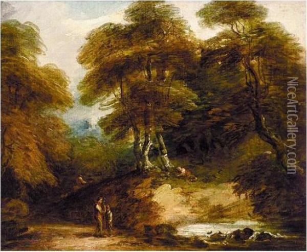 Rustic Landscape With Figures By A Stream Oil Painting - Thomas Barker of Bath