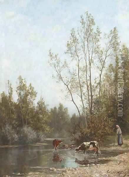 Watering cattle at the edge of the river Oil Painting - Continental School