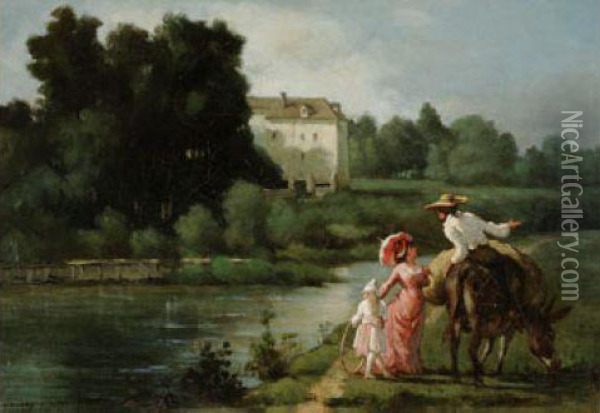 Elegante Et Cavalier Au Bord De La Riviere Oil Painting - Adolphe Lalire