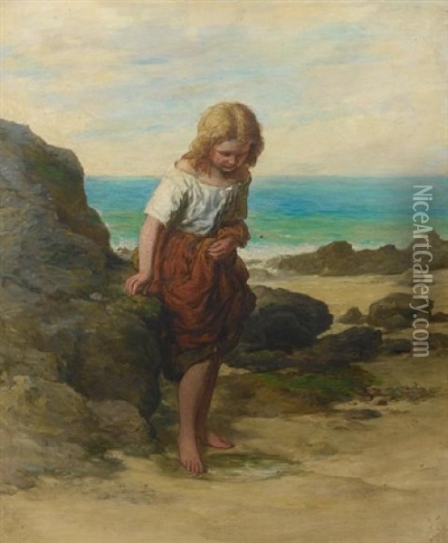 On The Seashore (a Timid Venture) Oil Painting - Edward Opie