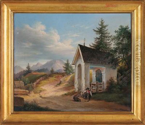 Landschaft Mit Kleinerkapelle U. Mudem Wanderer Oil Painting - Vincenz Kreuzer