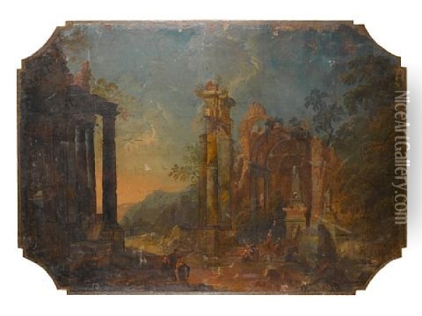 An Architectural Capriccio With Figures Among Roman Ruins Oil Painting - Pietro Paltronieri