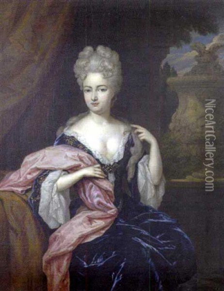 Portrait De Femme A La Robe Bleue Oil Painting - Constantyn Netscher