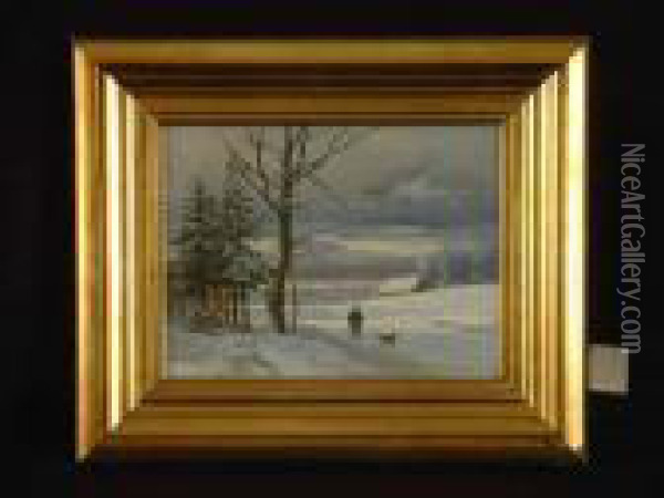 Spazierganger Mit Hund Im Schnee Oil Painting - Anders Anderson-Lundby