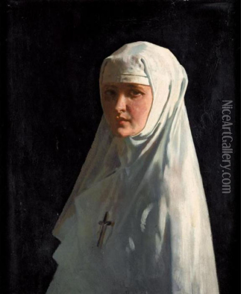 Portrait Of Yvonne Aubicq As A Nun (sister X) Oil Painting - Sir William Newenham Montague Orpen