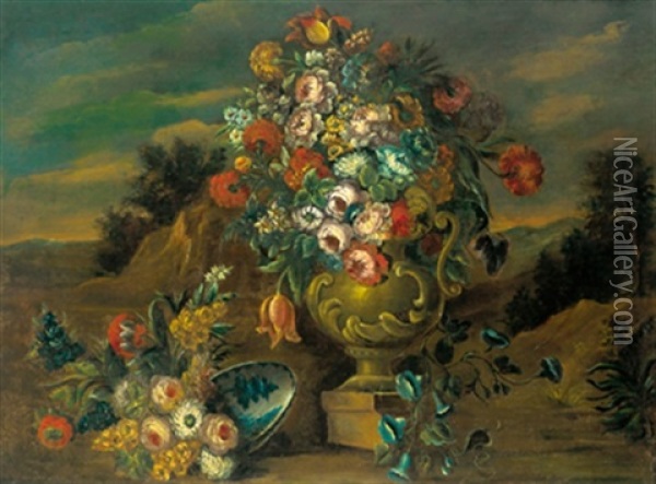 Fiori In Un Vaso Di Pietra In Un Paesaggio Oil Painting - Giuseppe Lavagna