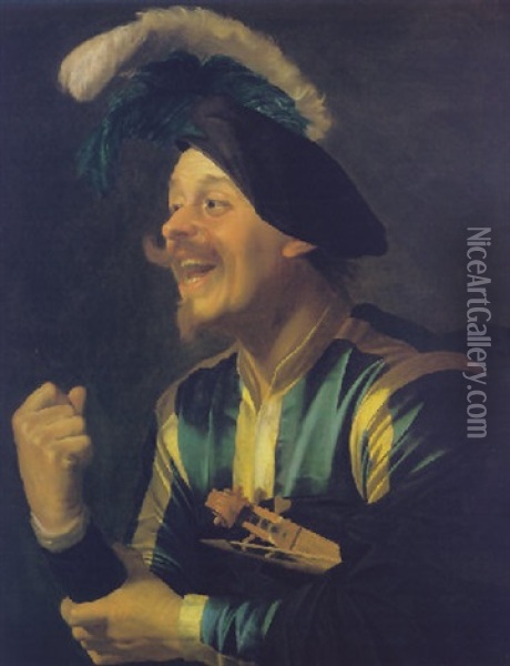 Portrait Of A Lauging Violinist, Wearing A Blue And Yellow Striped Doublet And Plumped Cap, With A Violin Tucked Under His Arm Oil Painting - Gerrit Van Honthorst