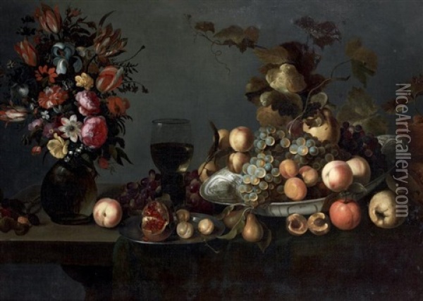 Nature Morte Au Bouquet De Fleurs Et Coupe De Fruits Sur Un Entablement Oil Painting - Michiel Simons
