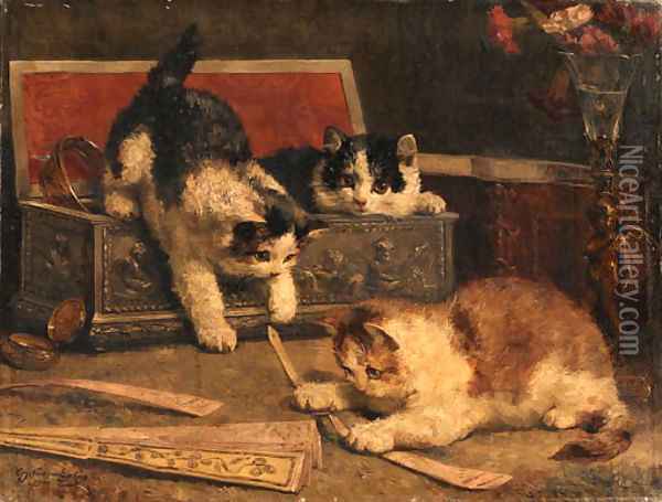 Kittens playing in the jewel box Oil Painting - Charles van den Eycken