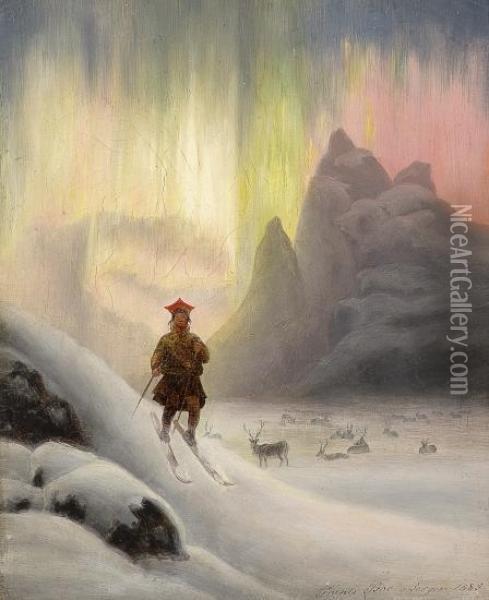 Sami On Skis In Northern Lights Oil Painting - Frants Diderik Boe