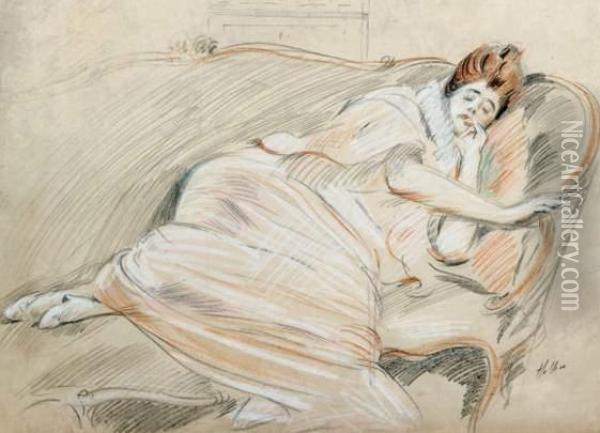 Madame Helleu Sur Son Sofa, Vers 1920 Oil Painting - Paul Cesar Helleu