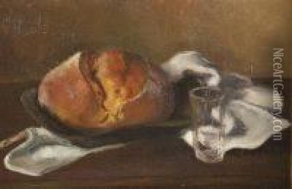 Still Life Of Bread And Glass On White Cloth Oil Painting - Richard Hartmann