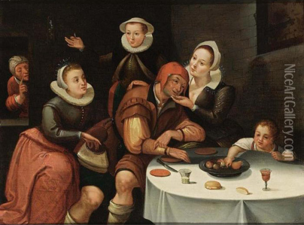 A Peasant Sitting At A Table 
Being Courted And Robbed By Three Young Ladies, An Old Spinster In The 
Background And A Boy Picking Fruit From The Table Oil Painting - Marten Van Cleve