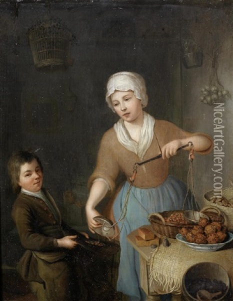 A Maid And A Boy Weighing Hazelnuts Oil Painting - Hieronymus van der Mij